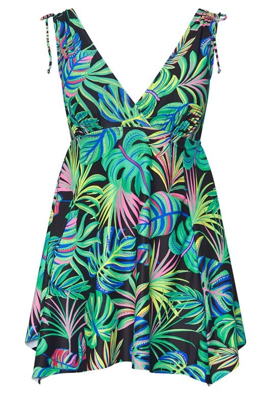 YOURS Curve Green Tropical Palm Print Tie Shoulder Swimdress