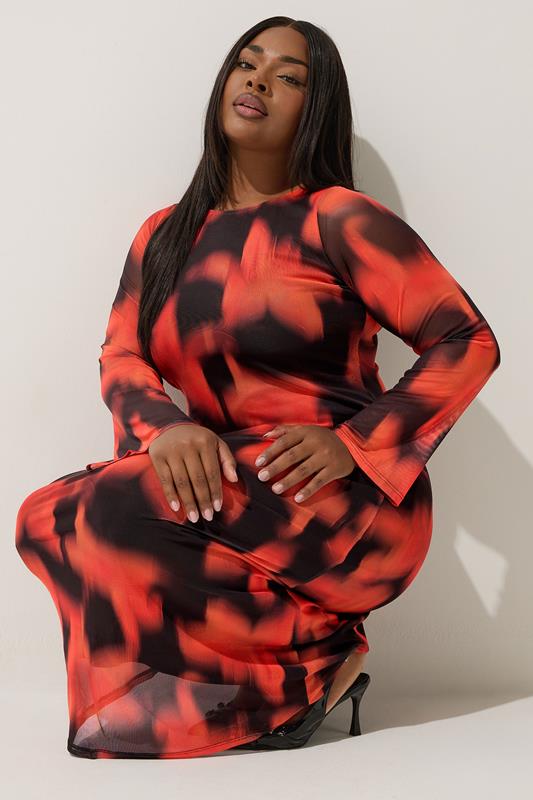 LIMITED COLLECTION Curve Red Floral Mesh Midaxi Dress