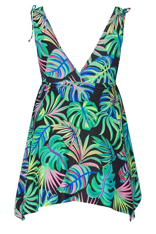 YOURS Curve Green Tropical Palm Print Tie Shoulder Swimdress