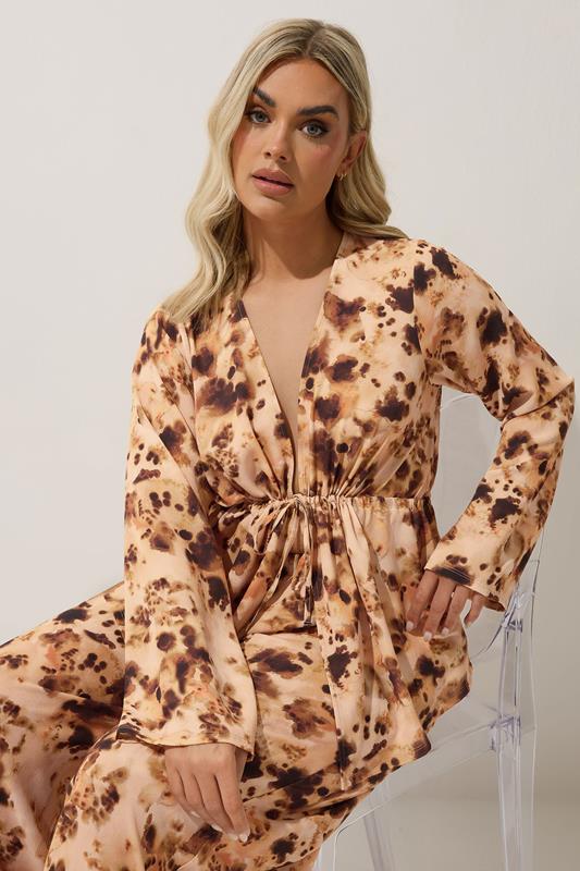 LIMITED COLLECTION Curve Brown Abstract Animal Print Bow Tie Front Top