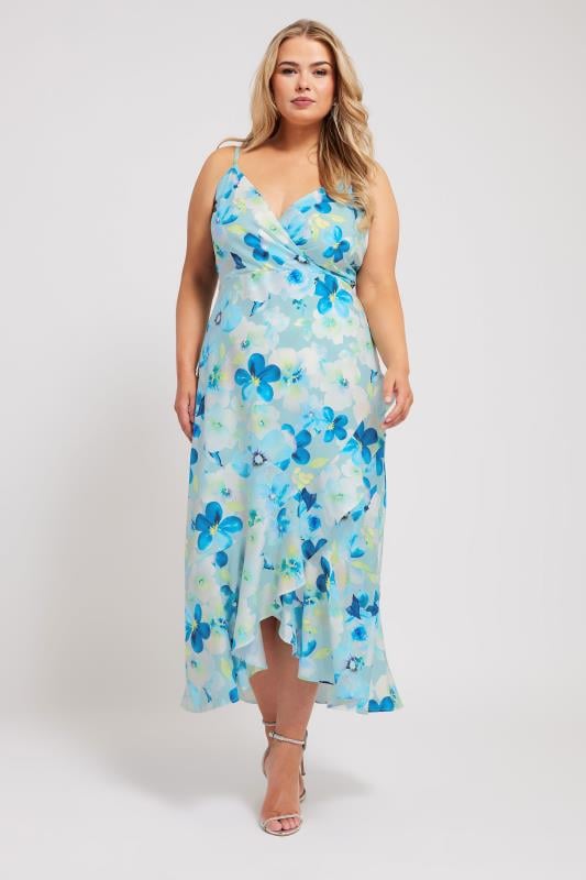 YOURS LONDON Curve Blue Floral Print Ruffle Wrap Dress