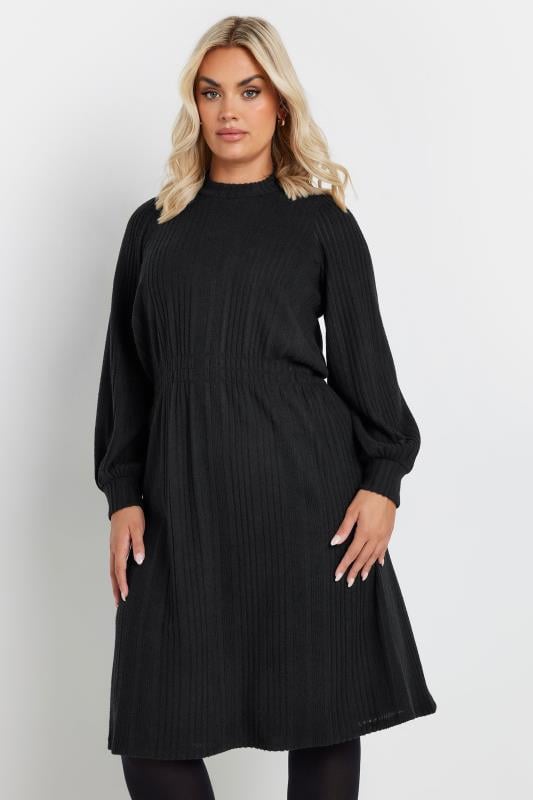 YOURS Curve Black Ribbed High Neck Midi Dress