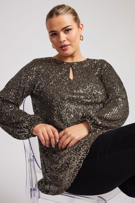 YOURS LONDON Curve Gold Sequin Keyhole Top