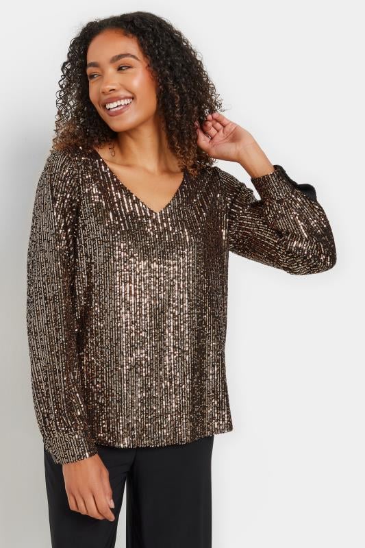 M&Co Gold Sequin V-Neck Long Sleeve Top
