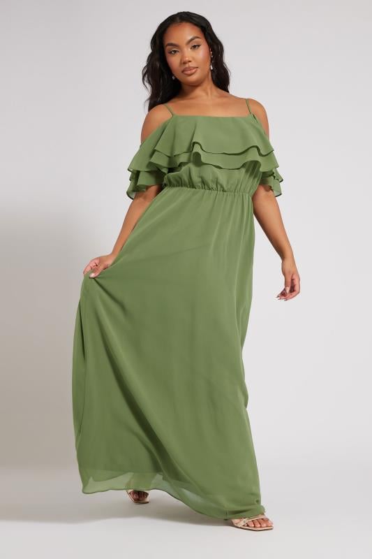 YOURS LONDON Curve Olive Green Frill Cold Shoulder Maxi Dress