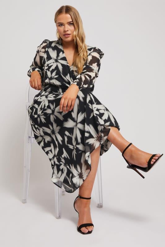 YOURS LONDON Curve Black Blurred Floral Print Maxi Wrap Dress