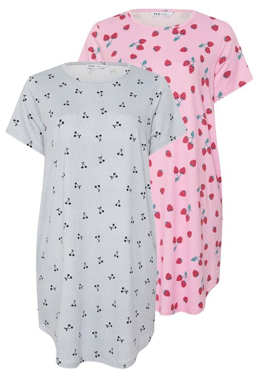 YOURS Curve 2 PACK Pink & Grey Fruit Print Soft Touch Nightdresses
