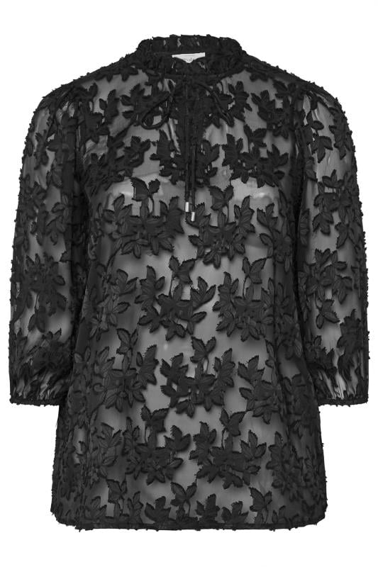 YOURS LONDON Curve Black Floral Burnout Tie Neck Blouse