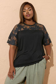 YOURS Curve Black Floral Burnout Boxy T-Shirt