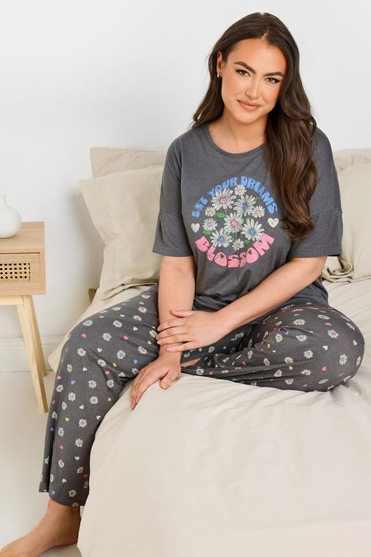 YOURS Curve Grey 'Let Your Dreams Blossom' Floral Wide Leg Pyjama Set
