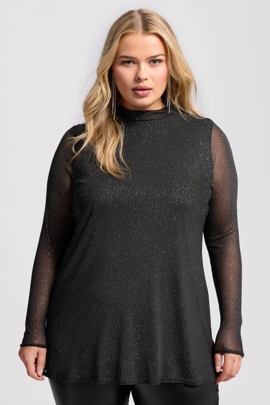 YOURS LONDON Curve Black Glitter Long Sleeve Mesh Top