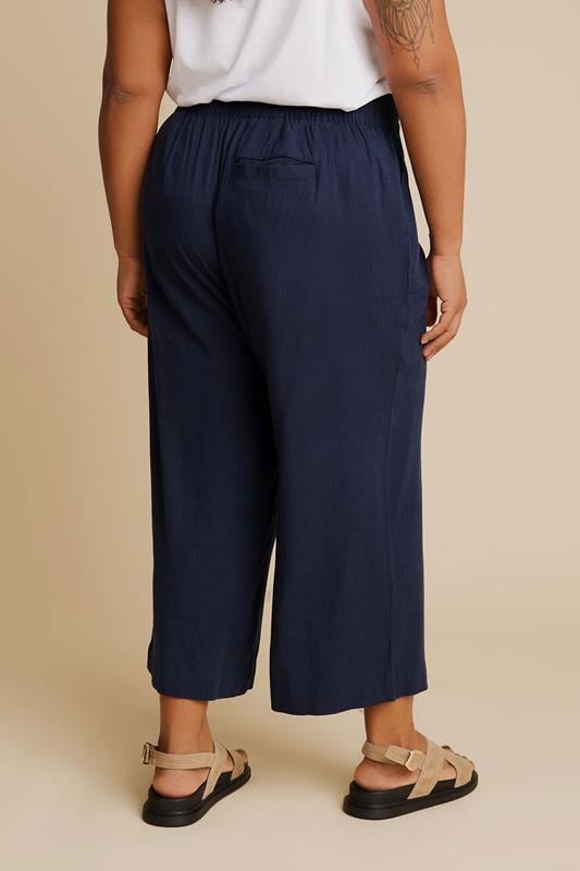YOURS Curve Navy Blue Linen Cropped Wide Leg Trousers