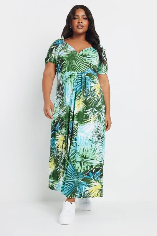 YOURS Curve Blue & Green Tropical Leaf Print Maxi Dress