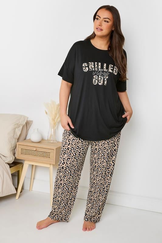 YOURS Curve Black 'Chilled Out Vibes' Leopard Wide Leg Pyjama Set