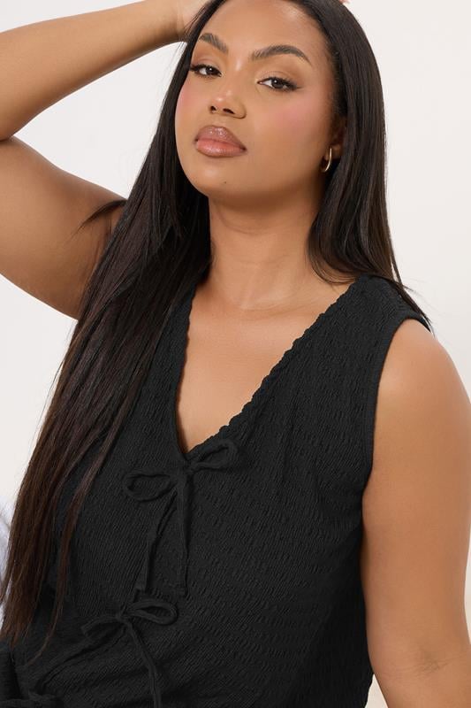 YOURS Curve Black Bow Tie Front Textured Waistcoat