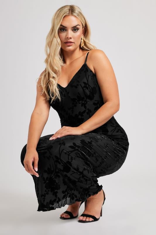 YOURS LONDON Curve Black Velour Floral Midaxi Slip Dress