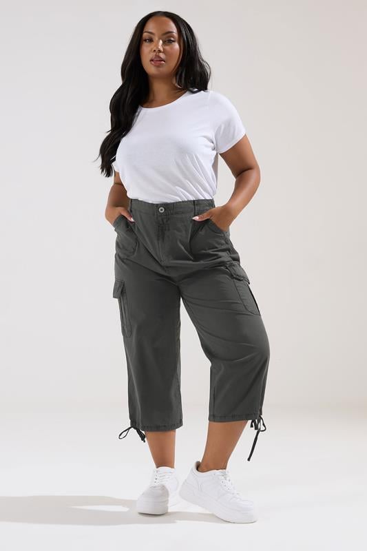 YOURS Curve Black Cotton Cropped Cargo Trousers