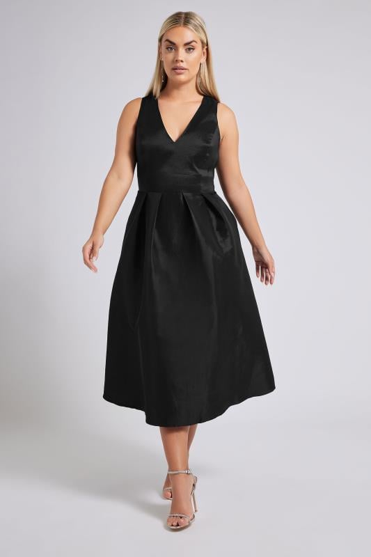 YOURS LONDON Curve Black Pleated V-Neck Midi Prom Dress