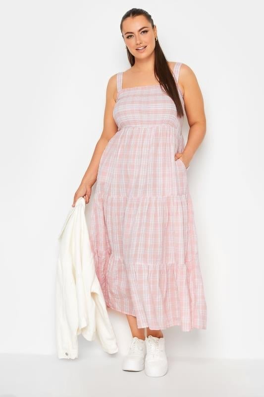 YOURS Curve Pink Check Print Shirred Strappy Sundress