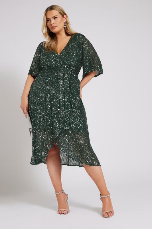 YOURS LONDON Curve Green Sequin Wrap Dress