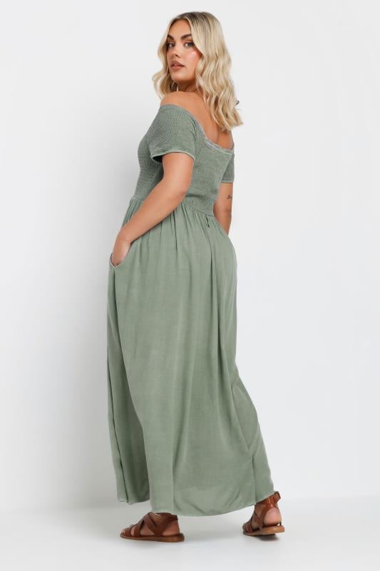 YOURS Curve Sage Green Shirred Bardot Chambray Maxi Dress