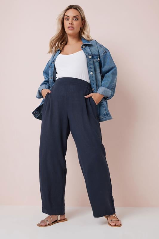 YOURS Curve Navy Blue Linen Wide Leg Trousers