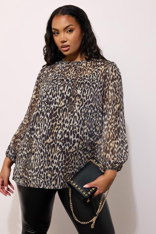 YOURS LONDON Curve Natural Brown Leopard Print Metallic Chiffon Blouse