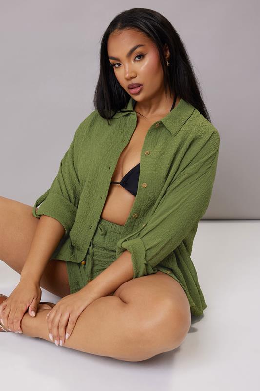 YOURS Curve Khaki Green Textured Long Sleeve Shirt