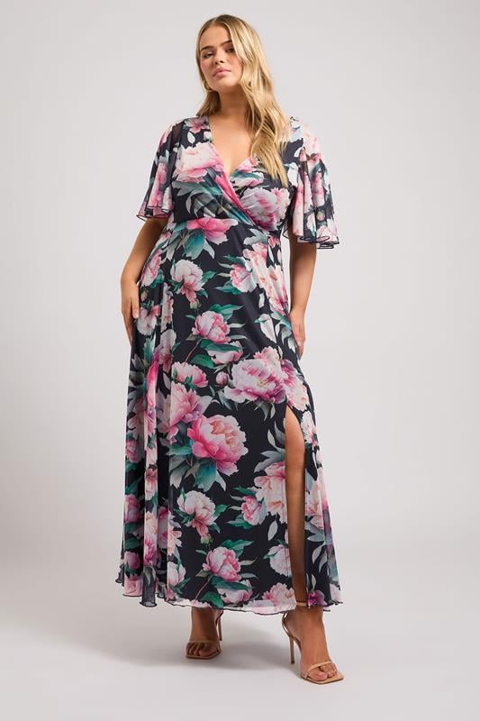 YOURS LONDON Curve Navy Blue Floral Print Wrap Maxi Dress