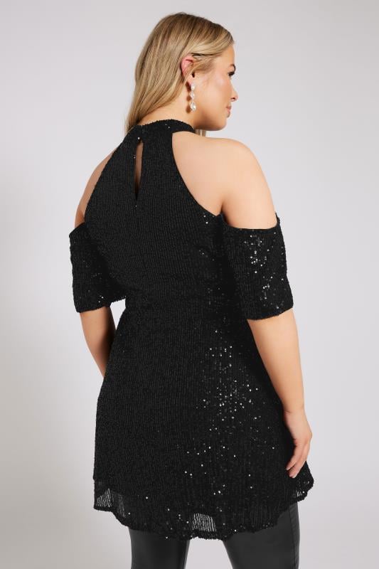 YOURS LONDON Curve Black Sequin Cold Shoulder Peplum Top