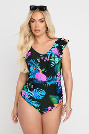 YOURS Curve Black Tropical Palm Print Frilled Premium Swimsuit