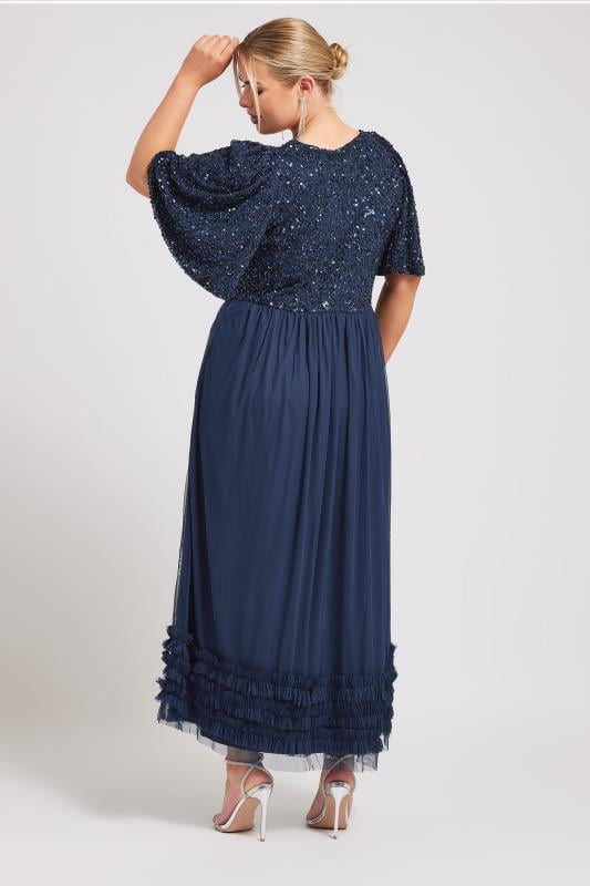 LUXE Curve Navy Blue Sequin Sweetheart Ruffle Maxi Dress