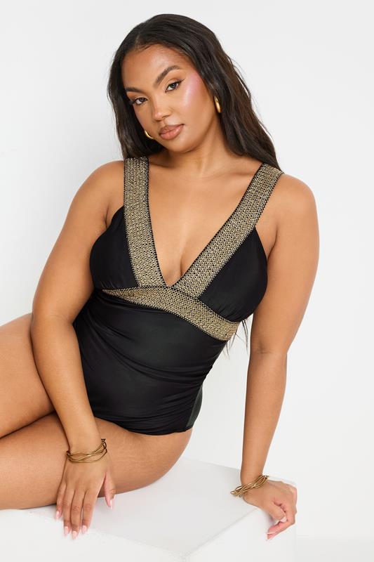 YOURS Curve Black Metallic Tummy Control Swimsuit