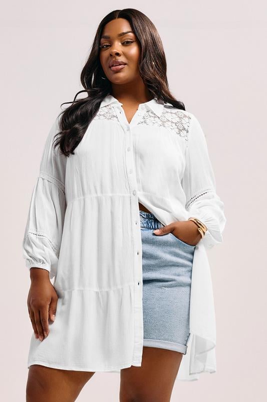 YOURS Curve White Tiered Crochet Detail Shirt