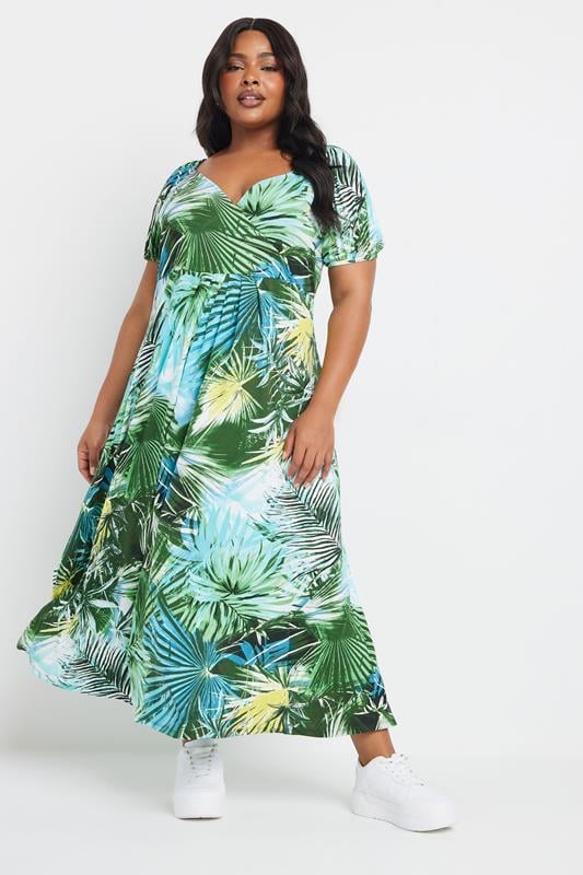 YOURS Curve Blue & Green Tropical Leaf Print Maxi Dress