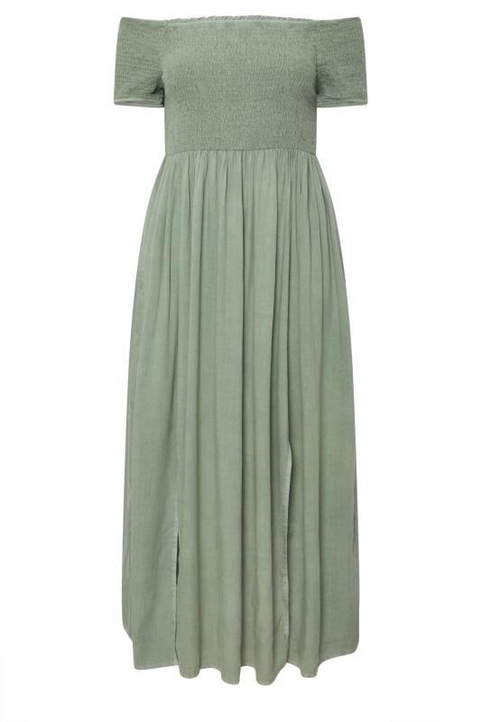 YOURS Curve Sage Green Shirred Bardot Chambray Maxi Dress