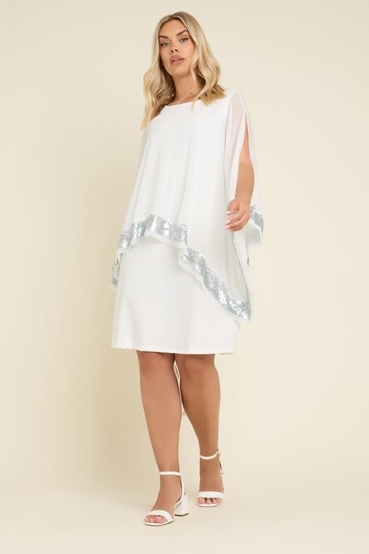 YOURS Curve White Sequin Trim Cape Dress