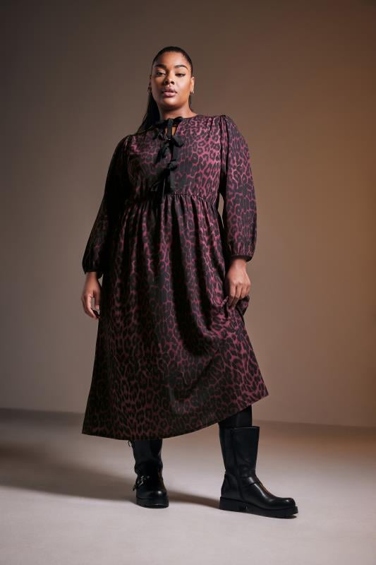 LIMITED COLLECTION Curve Burgundy Red Leopard Print Bow Dress