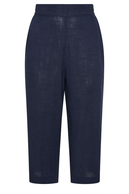 YOURS Curve Navy Blue Linen Cropped Wide Leg Trousers