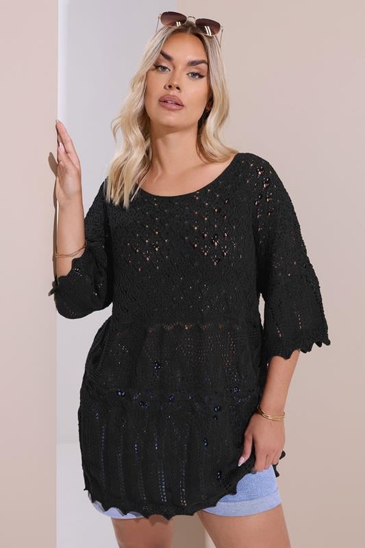 YOURS Curve Black Crochet Tunic Top