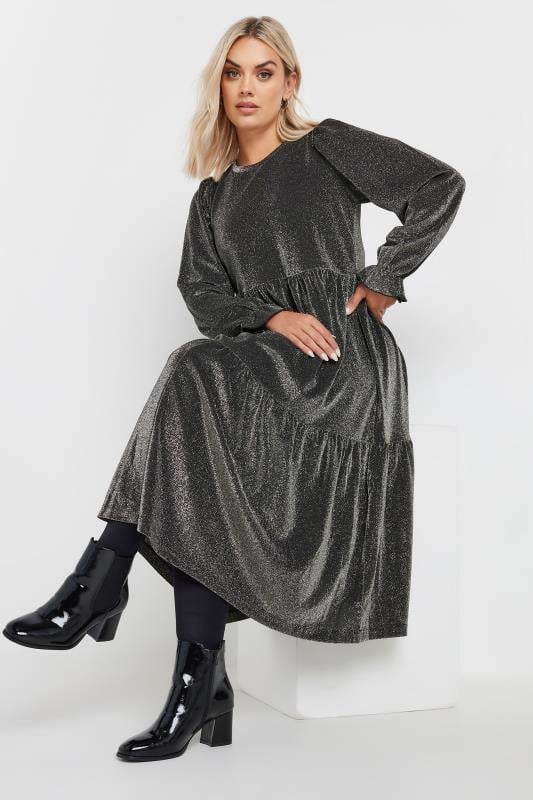 YOURS Curve Silver Metallic Tiered Midi Dress