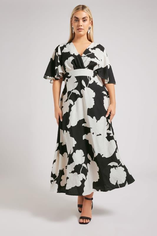 YOURS LONDON Curve Black Floral Print Linen Look Wrap Midaxi Dress