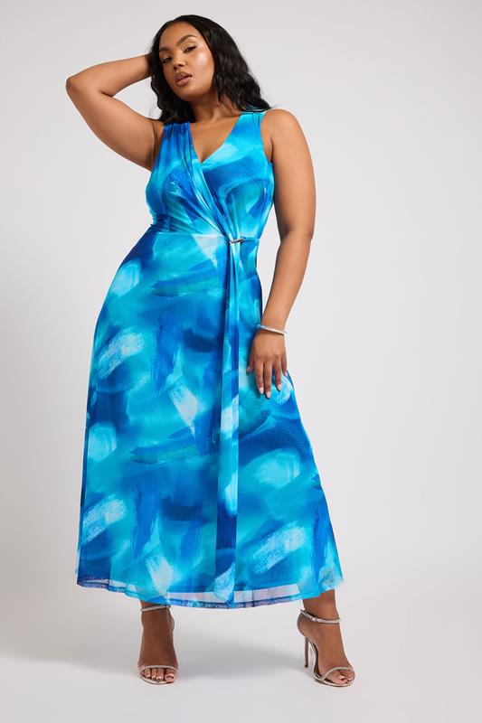 YOURS LONDON Curve Blue Floral Mesh Draped Maxi Dress