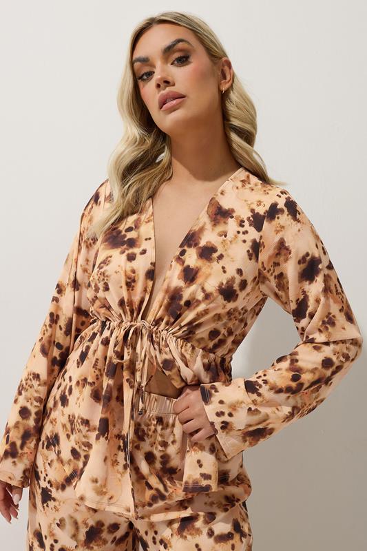 LIMITED COLLECTION Curve Brown Abstract Animal Print Bow Tie Front Top