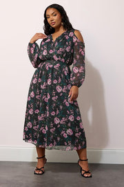 YOURS LONDON Curve Black Floral Print Cold Shoulder Dress