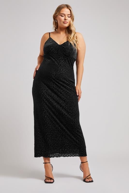 YOURS LONDON Curve Black Animal Velour Midaxi Slip Dress
