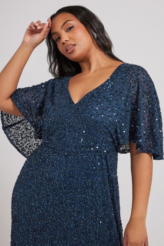 LUXE Curve Navy Blue Hand Embellished V-Neck Maxi Dress
