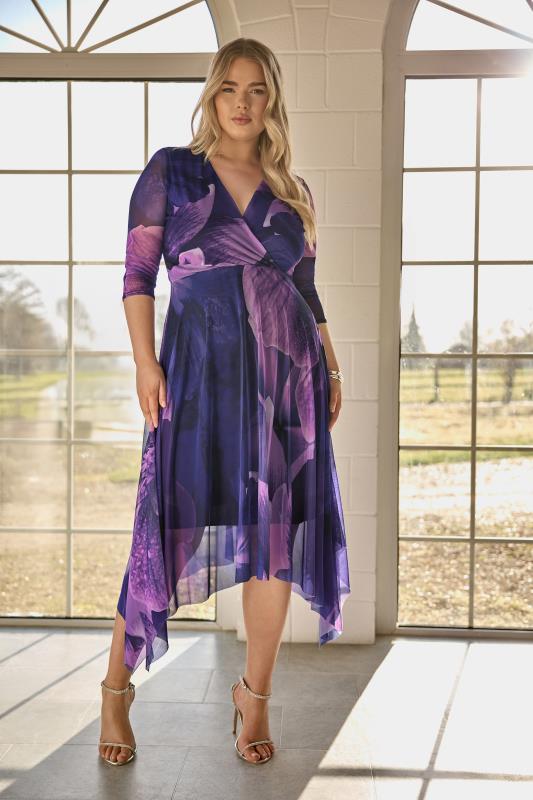 YOURS LONDON Curve Purple Abstract Print Hanky Hem Mesh Dress