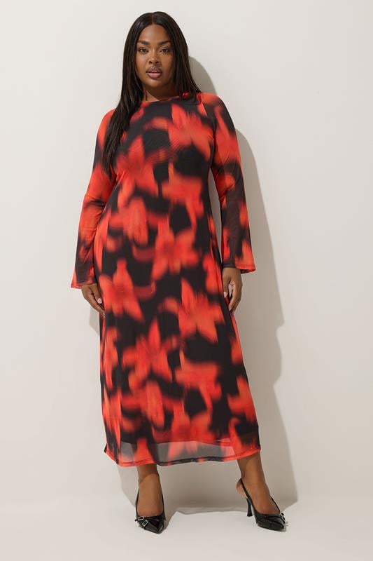 LIMITED COLLECTION Curve Red Floral Mesh Midaxi Dress