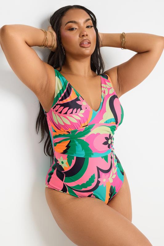 YOURS Curve Floral Abstract Print Plunge Swimsuit